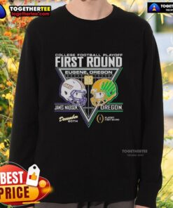 Good James Madison Dukes vs Oregon Ducks 2025 College Football Playoffs sweatshirt featuring team logos and vibrant colors.