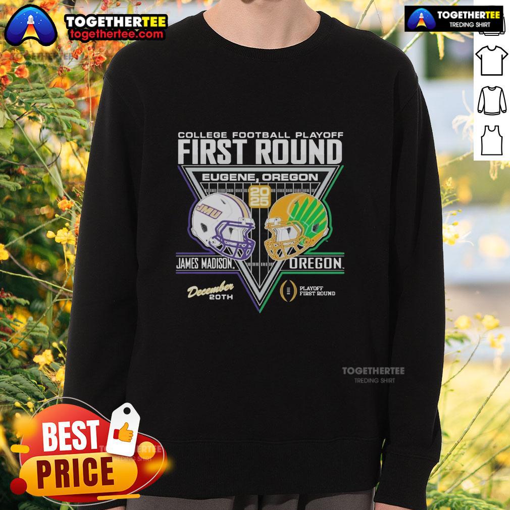 Good James Madison Dukes Vs Oregon Ducks 2025 College Football Playoffs 1st Round Match-Up Sweatshirt Good James Madison Dukes vs Oregon Ducks 2025 College Football Playoffs sweatshirt featuring team logos and vibrant colors.