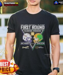 Good James Madison Dukes vs Oregon Ducks 2025 College Football Playoffs T-shirt showcasing team logos and playoff spirit.