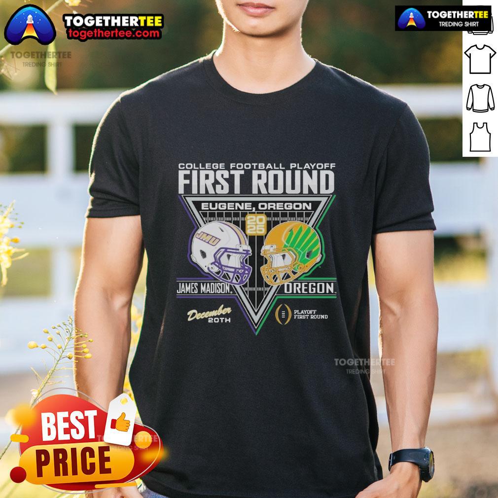Good James Madison Dukes Vs Oregon Ducks 2025 College Football Playoffs 1st Round Match-Up T-Shirt Good James Madison Dukes vs Oregon Ducks 2025 College Football Playoffs T-shirt showcasing team logos and playoff spirit.
