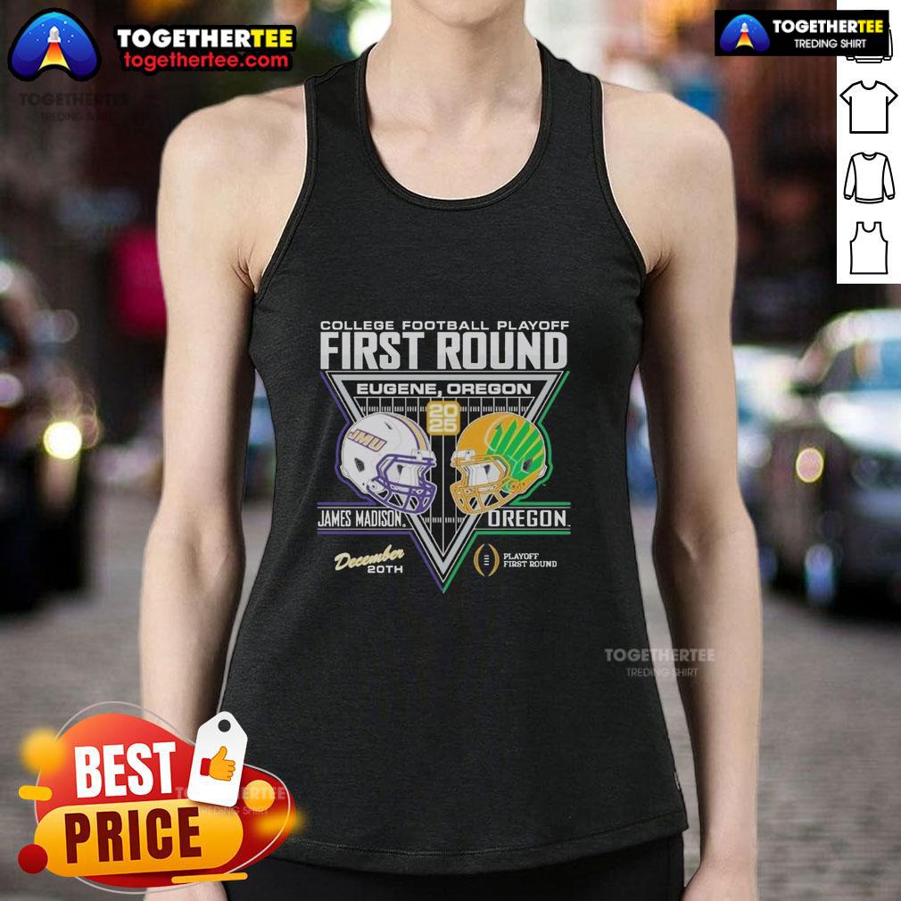 Good James Madison Dukes Vs Oregon Ducks 2025 College Football Playoffs 1st Round Match-Up Tank Top Good James Madison Dukes vs Oregon Ducks 2025 College Football Playoffs tank top design featuring team logos and colors.