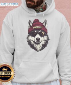 Kansas City Chiefs mascot in a beanie and sunglasses, showcasing team spirit in a cozy hoodie.