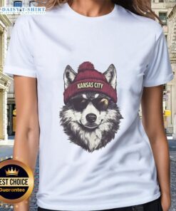 Kansas City Chiefs mascot in a beanie and sunglasses, showcasing a stylish ladies tee for fans.