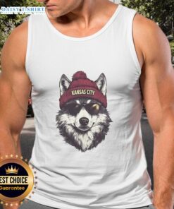 Alt Text: Kansas City Chiefs mascot wearing a beanie, sunglasses, and a tank top, showcasing team spirit and fun style.