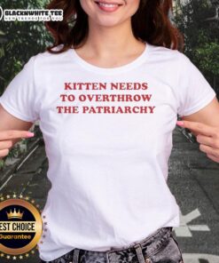 Good Kitten Needs to Overthrow the Patriarchy Ladies Tee design featuring a cute kitten with a bold feminist message.