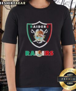 Ladies tee featuring the Las Vegas Raiders football logo and Mexican flag design, perfect for fans and style.