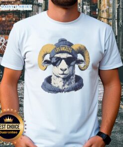 Los Angeles Rams mascot in a beanie and sunglasses on a fun T-shirt, showcasing team spirit and style.