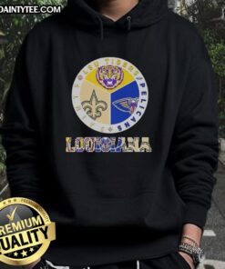 LSU Tigers, Pelicans, and Saints hoodie showcasing Louisiana city sports spirit and style.
