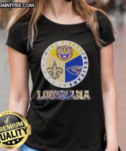 Good Louisiana City Sports ladies tee featuring LSU Tigers, Pelicans, and Saints logos for fans.