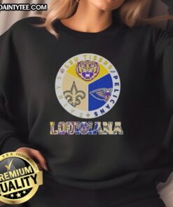 Comfortable LSU Tigers, Pelicans, Saints sweatshirt showcasing Louisiana city sports pride and team spirit.