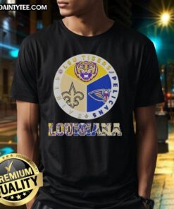 Stylish Louisiana sports T-shirt featuring LSU Tigers, Pelicans, and Saints logos, perfect for fans and game day wear.
