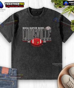 Louisville Cardinals 2025 Boca Raton Bowl logo on a washed t-shirt, perfect for fans and sports enthusiasts.