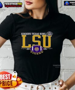 2025 Good LSU Tigers Kinders Texas Bowl logo on a ladies tee, featuring vibrant colors and stylish design.