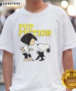 Good Lucy and Snoopy Pulp Fiction T-Shirt featuring iconic characters in a stylish, playful design for fans.