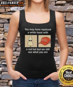 Person wearing a tank top and a red MAGA hat, highlighting social commentary on racism and identity.