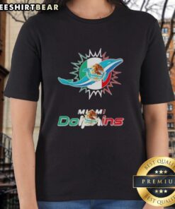 Ladies' tee featuring Miami Dolphins football logo with Mexican flag design, perfect for fans and casual wear.