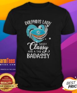 Stylish Miami Dolphins T-shirt for women featuring 'Sassy Classy Badassy' design with a diamond heart, perfect for fans.
