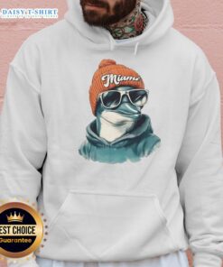 Good Miami Dolphins mascot wearing a beanie and sunglasses hoodie, showcasing team spirit and style.