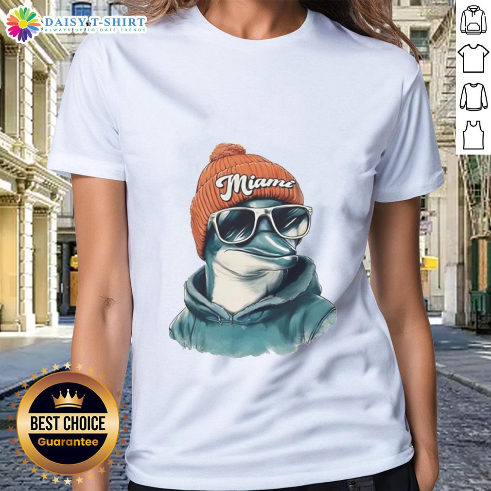 Good Miami Dolphins Mascot Wearing A Beanie And Sunglasses Ladies Tee Miami Dolphins mascot in a beanie and sunglasses on a ladies tee, showcasing team spirit and style.