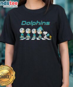 Good Miami Dolphins X Peanuts Snoopy and Friends Abbey Road Ladies Tee featuring vibrant designs and team spirit.