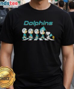 Good Miami Dolphins X Peanuts Snoopy and Friends Abbey Road T-Shirt featuring iconic characters on a vibrant design.