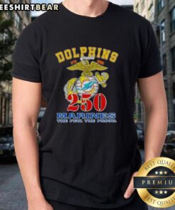 Good Miami Dolphins X U.S.M.C 250th Birthday Celebration T-Shirt featuring vibrant graphics and a festive design for fans.
