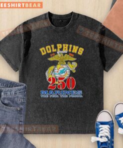 Good Miami Dolphins X U.S.M.C 250th Birthday Celebration washed t-shirt featuring vibrant graphics and comfortable fit.