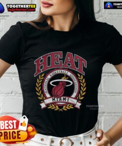 Retro Miami Heat NBA logo with laurel wreath frame on a ladies' tee, perfect for basketball fans.