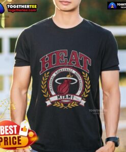 Retro Miami Heat NBA logo t-shirt with laurel wreath frame, perfect for basketball fans and sports apparel collectors.