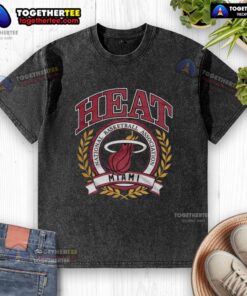 Retro washed t-shirt featuring the Miami Heat NBA logo framed by a laurel wreath, perfect for basketball fans.