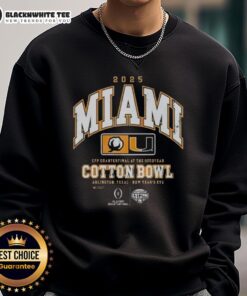 Good Miami Hurricanes CFP Quarterfinal at the Goodyear 2025 Cotton Bowl sweatshirt featuring team colors and logo.