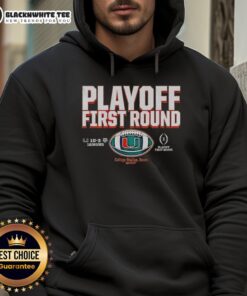 Good Miami Hurricanes Football 2025 CFP Playoff First Round Winner hoodie in vibrant colors, perfect for fans.