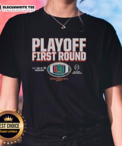 Miami Hurricanes Football 2025 CFP Playoff First Round Winner Ladies Tee showcasing team pride and style.