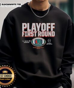 Good Miami Hurricanes Football 2025 CFP Playoff First Round Winner Sweatshirt featuring team logo and vibrant colors.