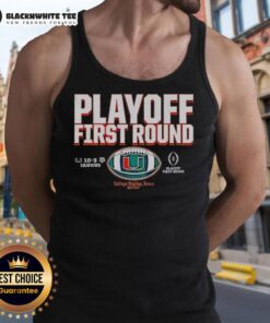 Miami Hurricanes Football 2025 CFP Playoff First Round Winner tank top design featuring team colors and logo.