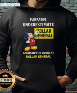 Alt Text: Woman in a hoodie with 'Good Mickey Never Underestimate' graphic, representing Dollar General pride and spirit.