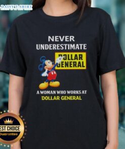 Empowering woman wearing a 'Never Underestimate a Dollar General Employee' tee at Dollar General store.