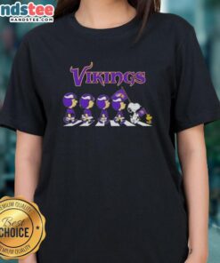 Good Minnesota Vikings X Peanuts Snoopy and Friends Abbey Road ladies tee featuring iconic characters in a fun design.