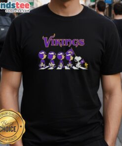 Good Minnesota Vikings X Peanuts Snoopy And Friends Abbey Road T-Shirt featuring iconic characters in a fun football theme.