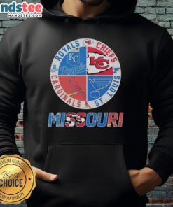 Good Missouri hoodie featuring Kansas City Chiefs, Royals, St. Louis Cardinals, and Blues logos for sports fans.