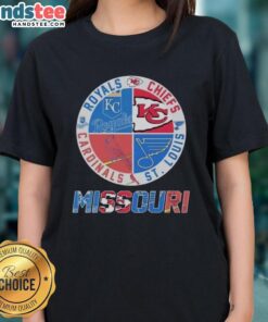 Ladies tee featuring Kansas City Chiefs, Royals, St. Louis Cardinals, and Blues logos - perfect for sports fans.