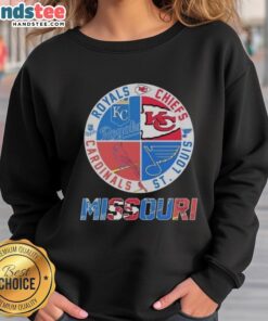 Cozy sweatshirt featuring Kansas City Chiefs, Royals, Cardinals, and Blues logos, perfect for sports fans in Missouri.