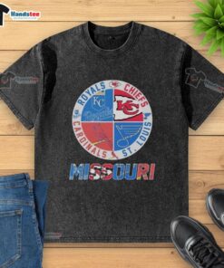 Good Missouri T-shirt featuring Kansas City Chiefs, Royals, St. Louis Cardinals, and Blues logos in a washed design.