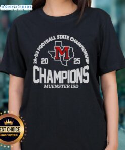 Good Muenster ISD 2A D2 Football State Champions Ladies Tee featuring team logo and winning colors.
