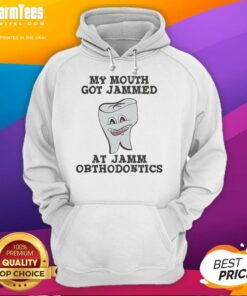 Leslie Knope hoodie at Jamm Orthodontics, featuring 'Good My Mouth Got Jammed' slogan, perfect for fans and orthodontic humor.