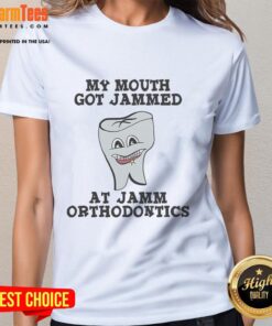 Leslie Knope ladies tee featuring 'Good, My Mouth Got Jammed' design at Jamm Orthodontics, perfect for fans of Parks and Recreation.