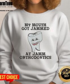 Leslie Knope sweatshirt featuring 'Good, My Mouth Got Jammed' at Jamm Orthodontics, perfect for fans of Parks and Recreation.