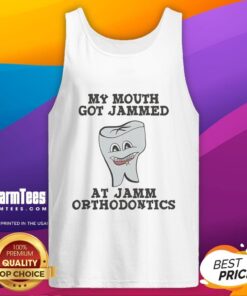 Leslie Knope tank top featuring 'Good, My Mouth Got Jammed' at Jamm Orthodontics, perfect for fans of Parks and Recreation.