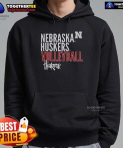 Nebraska Huskers volleyball text logo overlay hoodie in red and white, perfect for fans of the Nebraska volleyball team.