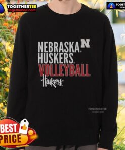 Good Nebraska Huskers Volleyball text logo overlay sweatshirt in red with white graphics, perfect for fans.